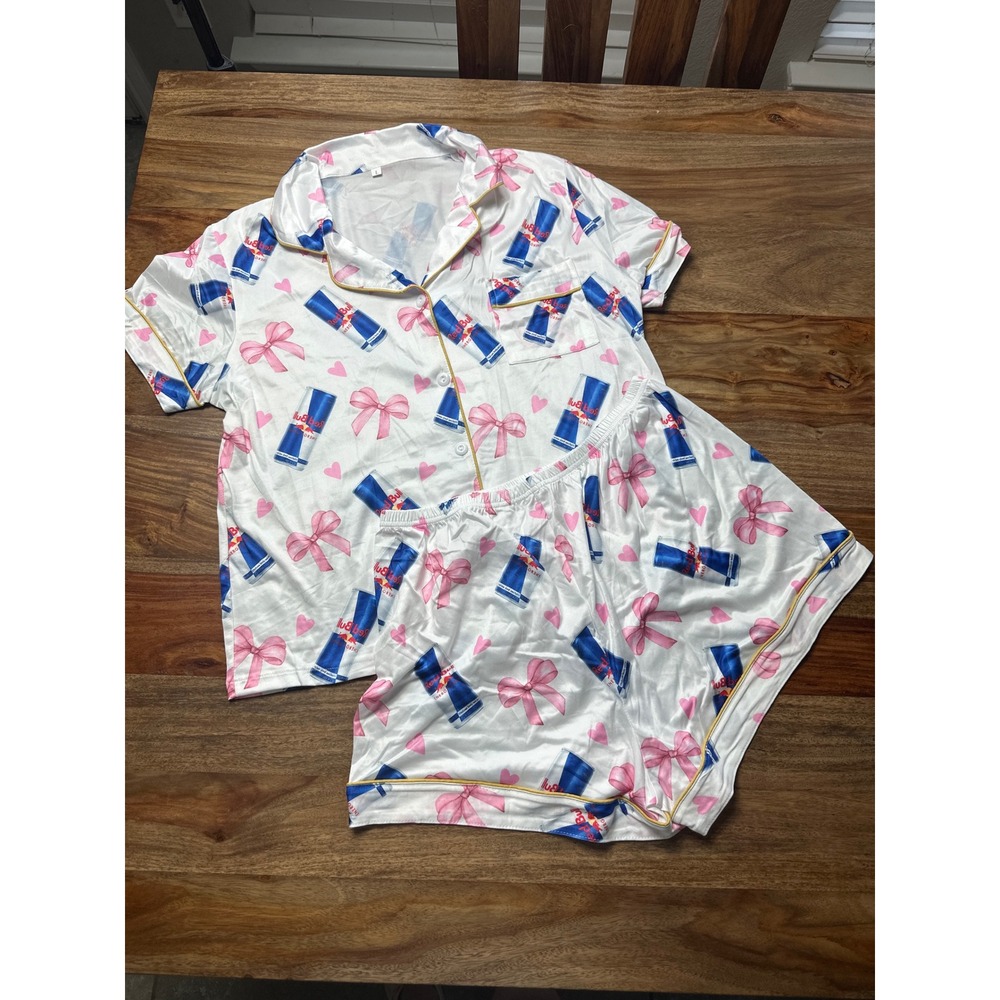 Red Bull Pajama Set Womens Large‎ White Pink Bows Hearts Satin Shorts PJ 2 Piece